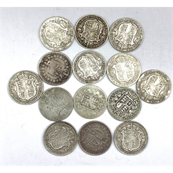 Fourteen pre 1920 Great British half crown coins, from the reigns of Queen Victoria, King Edward VII and King George V, dated 1883, 1886, 1887, 1891, 1898, 1906, 1911, 1912, 1914, 1915, 1916, 1917, 1918 and 1919