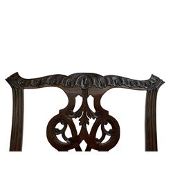 George III mahogany chair, shaped and shell carved cresting rail over moulded supports and pierced splat carved with scrolls, upholstered drop in seat, square moulded supports joined by H-shaped stretchers