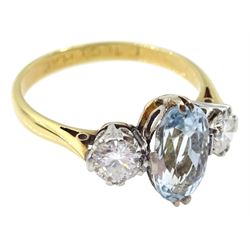 Gold three stone oval aquamarine and round brilliant cut diamond ring, stamped 18ct Plat, aquamarine approx 1.00 carat, total diamond weight approx 0.45 carat