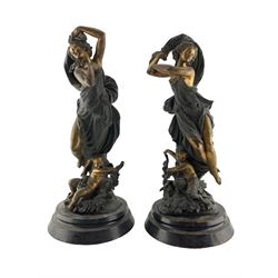 Pair of 19th century gilded spelter classically draped female figures with cherubs at their feet on wooden bases H48cm 