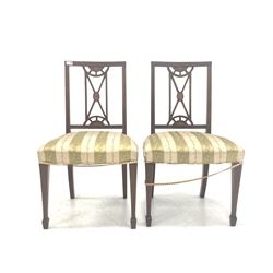 Pair Edwardian inlaid bedroom chairs with upholstered seats and square tapered supports with peg feet W51cm
