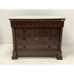Mid 19th century mahogany marble top secritaire chest, the white variegated marble top over applied gothic arched fall front drawer enclosing satinwood lined interior, spindle gallery, drawers and a baize lined writing surface, four long drawers under flanked by spiral turned pilasters, raised on ogee leaf moulded block supports W129cm, H106cmcm, D56cm