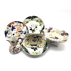 19th century Mason's Ironstone flared shaped square bowl, a 19th century rectangular footed dish decorated in the Imari colours with a tree amongst flowers, L18cm, Ironstone jug, Royal Doulton Matsumai pattern bowl and plate etc 