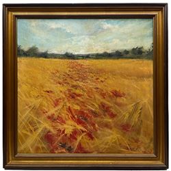 E M Jones (British mid-20th century): Wheat Fields with Poppies, two oils on canvas signed max 55cm x 70cm (2)