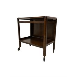 Early 20th century Art Deco oak two-tier tea trolley, rectangular drop-leaf top with sliding action, on castors