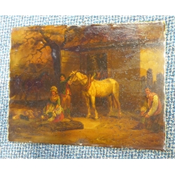  Attrib. George Morland (British 1763-1804): Figures, Horses and Pigs Beside a Stable, oil on copper signed 25cm x 33cm  