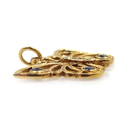 9ct gold sapphire and diamond open work butterfly pendant, hallmarked