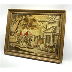 After Morland-Early 19th Century woolwork picture on silk with horse and cart, figures, dog and pony etc outside an Inn 44cm x 56cm