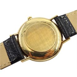 Omega Genève 9ct gold gentleman's manual wind wristwatch, ref. 188, movement No. 28101843, black enamel dial on black leather strap, boxed with papers and service papers