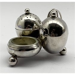 Silver cruet with salt, mustard and pepperette with loop handle and ball feet Sheffield 1911 Maker Thomas Bradbury & Son 3.9oz