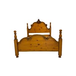 Pine double bed, headboard surmounted with carved acanthus leaf, raised on square and turned supports W 153cm, H144cm, D208cm 