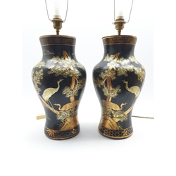 Pair of Black lacquer Chinoiserie table lamps of baluster form, decorated with scenes of deer and crane in a landscape, H45cm