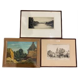 Johnstone Baird (Scottish 19th/20th century): 'Scottish Loch', etching signed; Adam B Thompson (British 19th century): 'Sweetheart Abbey' Dumfries and Galloway Scotland, etching signed, titled verso; F M Walker (British 20th century): Haystacks and Church, oil on board signed max 27cm x 37cm (3)
