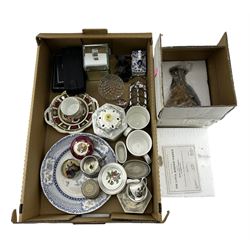 Plated hip flask, boxed, pair of crown Derby Imari saucers, Danby Mint Border Terrier and other items
