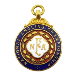 9ct gold and enamel 'National Angling Championship' presentation medallion, makers mark HM, Birmingham 1957, approx 17.3gm