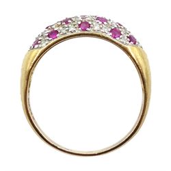 9ct gold ruby and diamond pave set ring, hallmarked