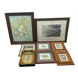 Barbara Blanchard (British 20th Century): Children Fishing, oil on board signed with artists address label verso 50cm x 75cm, together with a set of signed watercolours, etchings, various ornithological engravings, silk work, an original still life of flowers, 2001 Firelli Calendar and aerial photograph (15)