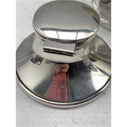 Silver circular inkwell London 1924, silver cream jug, glass scent bottle with silver and enamel cover, glass and silver preserve jar and a small travelling inkwell