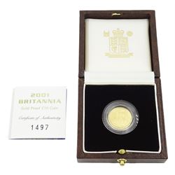 Queen Elizabeth II 2001 gold proof 1/10 ounce Britannia coin, cased with certificate