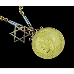 King George V 1913 gold half sovereign coin, soldered mount, on white and yellow gold fancy link chain necklace, with Star of David, both 9ct
