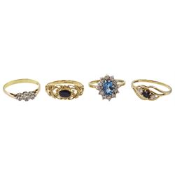 18ct gold three stone diamond ring, total diamond weight approx 0.20 carat and three 9ct gold rings including sapphire and cubic zirconia, sapphire and blue topaz and cubic zirconia cluster