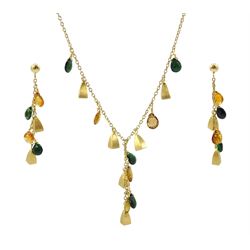 18ct gold tourmaline and citrine pendant necklace and a pair of matching 18ct gold stud earrings, hallmarked