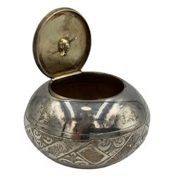 Victorian silver circular box in the form of a curling stone with hinged lid and engraved  decoration D7.5cm Edinburgh 1894 Maker R & H B Kirkwood, Thistle St. Edinburgh 