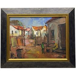Donald James 'Don' Madge (South African 1920-1997): Village Scene with Figures, oil on board signed 29cm x 39cm