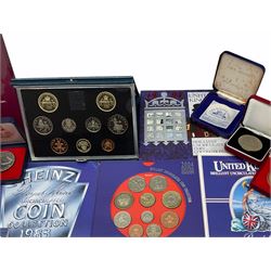 Ten United Kingdom brilliant uncirculated coin collections dated 1983, 1984, 1985, 1986, 1987, 1988, 1990, 1991, 1994 and 2004, Royal Mint 1989 proof coin collection in blue case with certificate, various commemorative crowns and other coinage