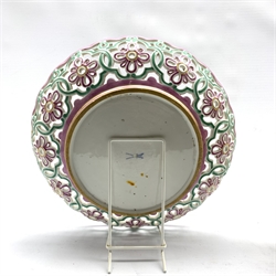 Meissen porcelain bowl with pierced pink border and floral painted centre, D31cm together with 19th century urn vase of baluster form, relief decorated with flowers on green ground, unmakers, possibly Coalport H23cm (2)