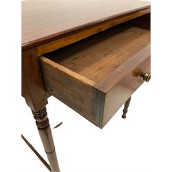 Mahogany console table, the rectangular top over one frieze drawer, raised on turned supports, united by a stretcher 