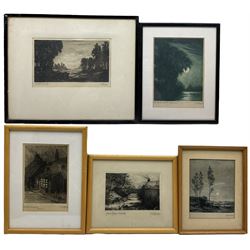 Thomas Bonfrey Burton (Beverley 1886-1941): 'The Moon has Shone his Lamp Above' and Pastoral Scene, two aquatints; 'Glenoe Bridge County Antrim' 'Old Shop Walkergate Beverley' and 'A Mountain Road', three etchings signed and titled in pencil max 23cm x 16cm (5)