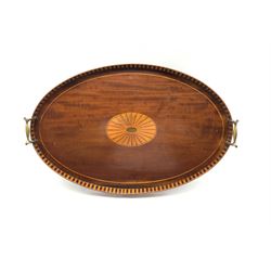 Edwardian Sheraton design mahogany oval tray with inlaid centre and gallery edge with brass handles W59cm