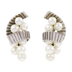 Pair of Mikimoto silver cultured pearl earrings, clusters of cultured pearls in scroll settings