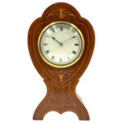 French - Edwardian Art-Nouveau 8-day bedside table clock with satinwood and ebony inlay, enamel dial with Roman numerals, minute track and steel spade hands within a convex glass and brass bezel, single train movement with a cylinder platform escapement, wound and set from the rear. With key.