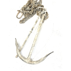 Wrought metal anchor and chain, H69cm