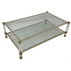 Pierre Vandel of Paris - Large mid century Hollywood Regency Lucite, brass and crystal glass coffee table, the bevelled inset glass top raised on square supports united by under tier 