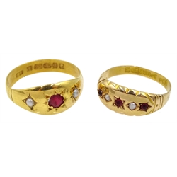 Victorian 15ct gold five stone seed pearl and garnet ring, Chester 1889 and a similar gold three stone gypsy set ring, both boxed