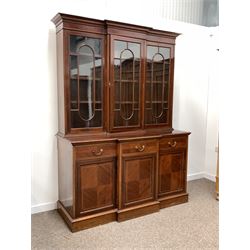 20th century Sheraton design mahogany breakfront bookcase, dentil cornice over crossbanded frieze, three astragal glazed doors each enclosing three adjustable shelves, three drawers and cupboards under, W154cm, H216cm, D65cm