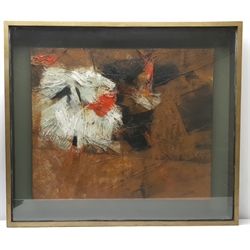 Reginald John 'Reg' Williams (York 1928-1992): Untitled, abstract mixed media with pigmented resin and fibreglass unsigned 62cm x 75cm 
Notes: Reg Williams was a member of the 'York Four' along with fellow artists Russell Platt (see lots 385 and 386) and John Langton, and studio potter David Lloyd Jones. This work was probably produced in the 1950s, when Williams pioneered this method of working with resin and fibreglass, which he also used to produce stained-glass effect windows such as those in St Michael's Church, Wombwell. Born in Birmingham, Reg studied at the Royal College of Art, where he was made a Royal Scholar in 1955, and graduated in 1957. He was a Senior Lecturer at the York School of Art 1957-1986, during which time he was a founder member of the York Four in 1963. His work is in the permanent collection of York Art Gallery, and commissions by him can be found at St Michael & All Angels Church, Wombwell, and The Retreat, York. He exhibited at the Royal Academy, the Austen Hayes Gallery, York, the New Contemporaries, and more. His daughter Sarah is also an established artist. 
Our thanks to the artist's daughters Leslie and Sarah for their help in cataloguing this lot.