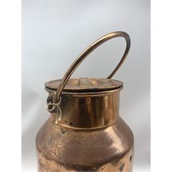 Early 20th century copper milk churn and cover, of cylindrical form having locking catch carrying handle, H50cm (excluding cover)