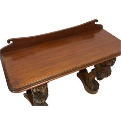 19th century rosewood console table, moulded rectangular top with raised shaped back, on two scrolled supports carved with c-scroll shells and acanthus leaf, terminating at scale carved ball and claw feet, on shaped block platforms