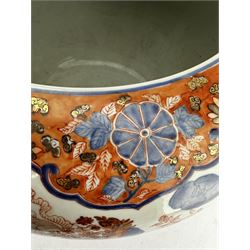 Large Chinese porcelain jardiniere of ovoid form with turned-in rim and decorated in the Imari palette with overglaze iron red and blue floral decoration, heightened in gilt, H37cm x D54cm approx