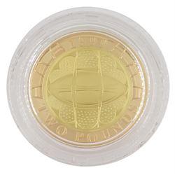 Queen Elizabeth II 1999 Rugby World Cup gold proof two pound coin, cased with certificate