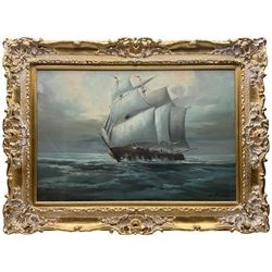 English School (20th Century): Clipper at Full Sail, oil on canvas indistinctly signed, housed in large ornate frame aperture 59cm x 90cm overall 86cm x 106cm