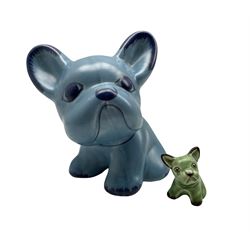 Sylvac French Bulldog in blue colourway, H16cm and a miniature example in green (2)