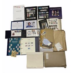 Stamps including Harrington & Byrne commemorative stamp collections, First Day Covers, Queen Elizabeth II mint pre-decimal stamps, 'The Baroness Thatcher Commemorative Cover' housed in a Westminster folder with certificate, housed in various albums and loose, in one box
