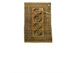 One brown ground rug, with four gul motifs with geometric border, together with two smaller rugs