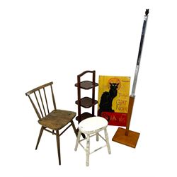 Ercol - elm and beech single chair; early 20th century three-tier folding cake stand; small white painted stool on turned supports; mid-20th century teak and polished metal standard lamp; and a 'Le Chat Noir' posted on boards (5)
