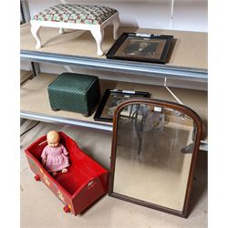 Painted dolls cot, doll, two footstools, mirror and two framed prints